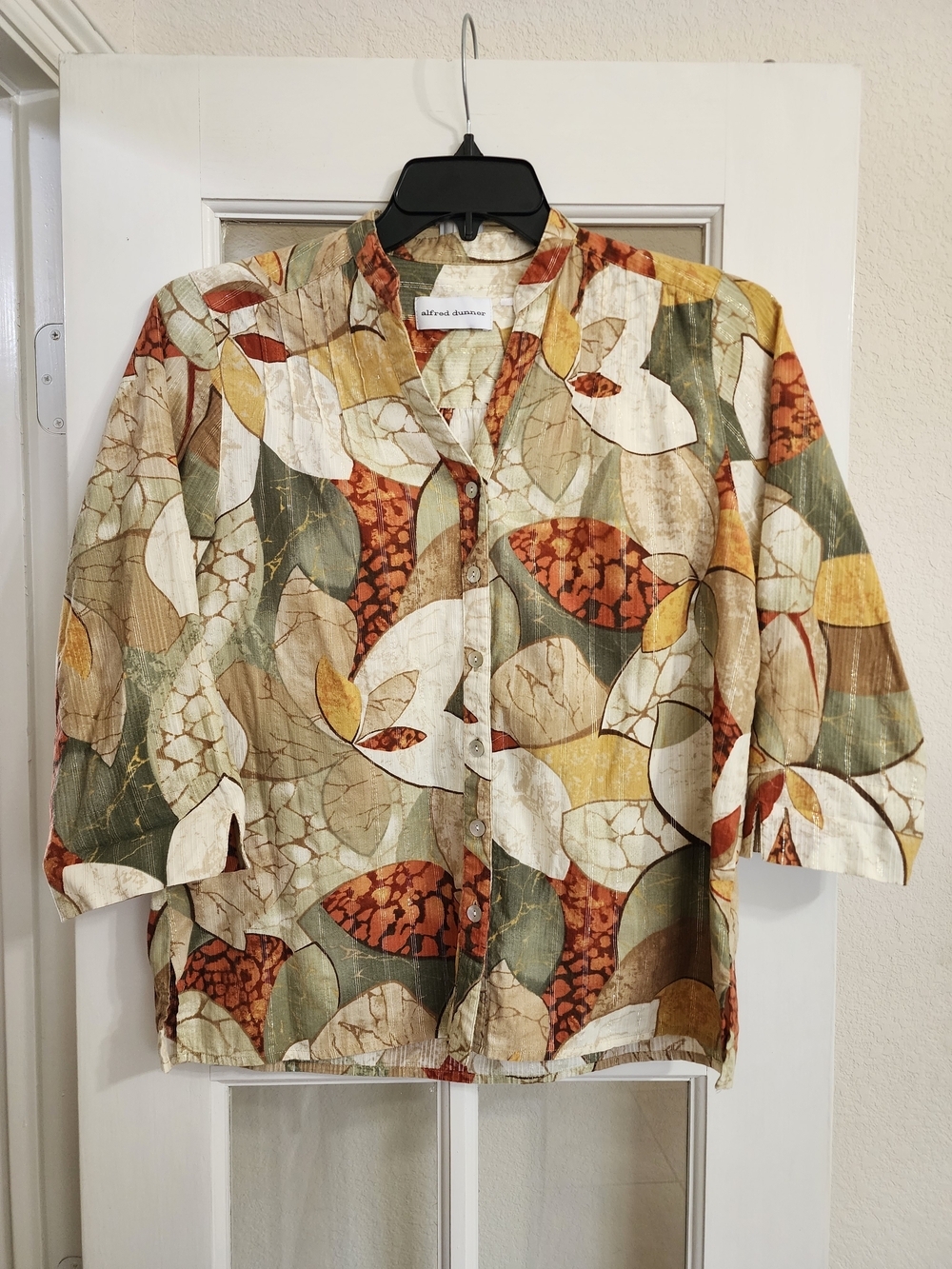Alfred Dunner Metallic Floral Blouse Earth Tone Button Front Estimated Large